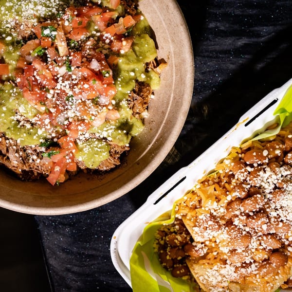Two Mexican dishes, one with shredded meat, guacamole, and pico de gallo, the other with rice and beans.