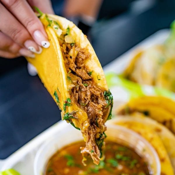 A hand holds a Big Papi's birria taco, dripping into a cup of consommé.